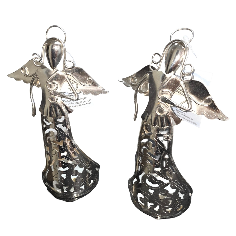 Regal--A Pair Of 8" Silver Metal Angels For Tea Light Candles NEW